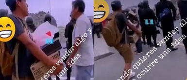 El video se volvió viral en redes sociales. Joven sorprende a usuarios al vender "piedras" frente a la PNP durante marchas