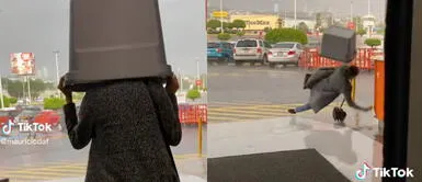 La señora no se dio cuenta que el piso estaba mojado. Joven se cubre de la lluvia, pero tropieza y sufre aparatosa caída