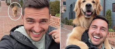 Perrito Golden Retriever se emocionó cuando su dueño le pidió un selfie El 'selfie' perfecto: tierno perrito subió a la espalda de su dueño y posó con una sonrisa encantadora