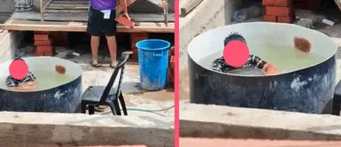 Padre albañil lleva a sus hijos a una obra y el más pequeño disfruta de una piscina casera bajo el sol Padre albañil lleva a sus hijos a una obra y el más pequeño disfruta de una piscina casera bajo el sol