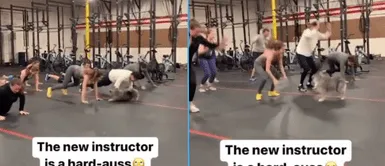 El perrito seguía todos los pasos de la rutina con su ama. Perrito llega a gimnasio con su dueña y aprende toda la rutina de ejercicios: "Tiene más físico que yo"