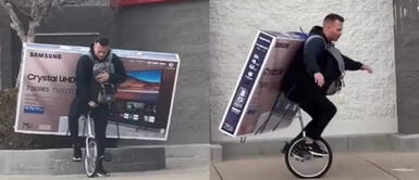 El hombre se volvió viral en redes sociales por su peculiar idea. Hombre causa furor en redes sociales al transportar su televisor en un monociclo