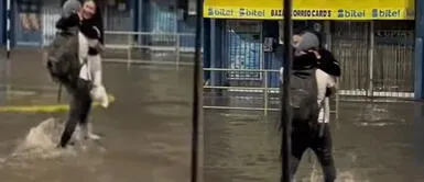 Un joven demostró su amor al evitar que su pareja se moje. Amor en tiempos de lluvia e inundaciones: joven carga a su novia para que no se moje