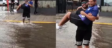 La peculiar escena se volvió viral en las redes sociales. Joven se sacrifica y carga a su 'pata' para que no se moje en inundación: "Eso es amistad"
