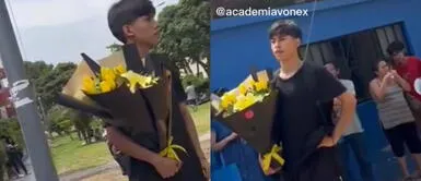 El joven esperó a su enamorada en los exteriores de la UNMSM. ¡El último romántico! Joven espera con tulipanes que su pareja culmine el examen de la UNMSM