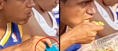 El joven se olvidó el cubierto, pero se las ingenió para comer su almuerzo. Se olvida su cuchara e improvisa una tarjeta como cubierto: "El que tiene plata come como quiera"