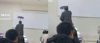 El profesor se las ingenió para borrar la pizarra. Profesor no alcanza la parte alta de la pizarra y agarra la escoba: "Prefiere evitar la fatiga"