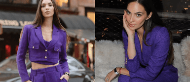 Natalie Vértiz con hermoso traje de sastre morado. Natalie Vértiz impactó con elegante vestido de novia bordado en la Semana de la Moda en España