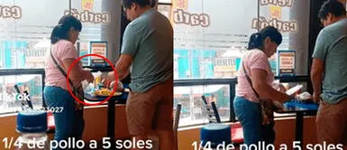 La pareja aprovechó la oferta y se la llevó a casa. Compra oferta de pollo y lo mete en bolsa para llevar a su casa: "Para la cena y desayuno de mañana"