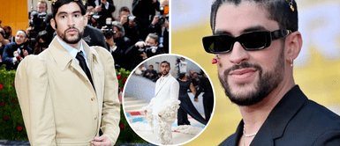 Bad Bunny y sus diferentes looks en tendencia. Bad Bunny eleva la elegancia con extravagante traje total white y capa de rosas en la Met Gala 2023