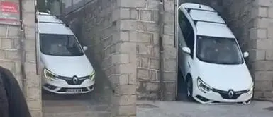 El carro quedó atorado en un espacio angosto. Chofer quiso bajar su carro por una escalera, pero se quedó atascado: "Eso le pasa por chistoso"