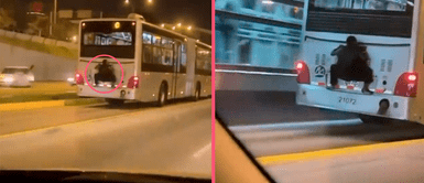 ¡Pudo terminar en tragedia! Hombre viaja colgado de la parte trasera del metropolitano y se vuelve viral en redes ¡Pudo terminar en tragedia! Hombre viaja colgado de la parte trasera del metropolitano y se vuelve viral en redes