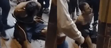 La llegada de la PNP impidió que los vecinos siguieran atacando al delincuente. Vecinos amarran a delincuente en poste y lo golpean: intentó robar a una peluquería en Los Olivos