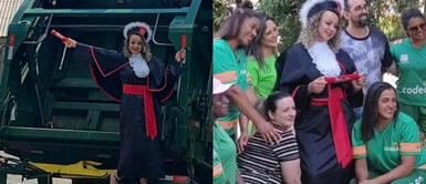 La señora celebró su logro con sus compañeros de trabajo. Madre recolectora de basura se gradúa como abogada y lo celebra con sus compañeros de trabajo