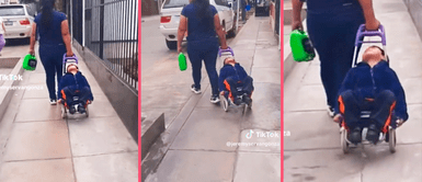 Madre peruana utiliza carrito de mercado como carreola de bebé para llevar a su hijo dormido Madre peruana utiliza carrito de mercado como carreola de bebé para llevar a su hijo dormido: "qué abuso"