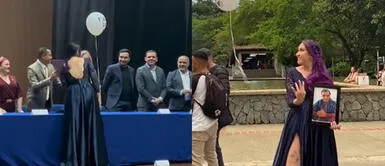 La joven protagonizó una conmovedora escena en las redes sociales. Asiste a graduación con la fotografía de su papá fallecido y escena conmueve a miles: "Beso al cielo"