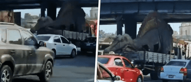 Dinosaurio se vuelve viral al quedar atrapado en puente de Lima ¡Solo en Perú! Dinosaurio queda atrapado en puente y causa tráfico