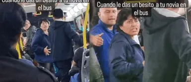 La señora fulminó a la pareja con su mirada. Señora desata su ira al ver a pareja besándose en el micro: "¡Váyanse a un hotel!"