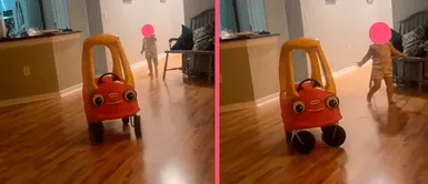 Niña queda completamente asustada tras a su vehículo de juguete moverse por cuenta propia Niña queda completamente asustada tras a su vehículo de juguete moverse por cuenta propia