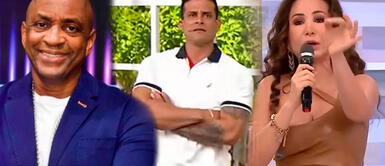 Janet Barboza, Christian Domínguez y Sergio George Janet Barboza corta a Christian Domínguez durante entrevista a Sergio George