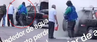 El joven recibió la admiración de los internautas. Ambulante usó sus botellas con agua para apagar incendio de auto en medio de la pista y miles lo felicitan en TikTok