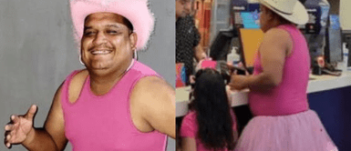 El padre de familia recibió las felicitaciones del padre de familia. Padre se pone ropa color rosado para acompañar a su hija al estreno de "Barbie" y recibe felicitaciones de miles