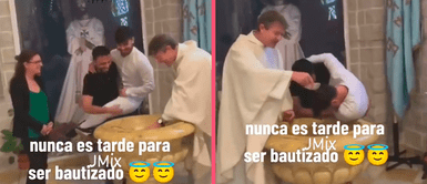 Hombre sorprende en redes al ser bautizado mientras es cargado por su padrino Hombre sorprende en redes al ser bautizado mientras es cargado por su padrino