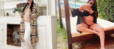 Melissa Klug y look de cuero Melissa Klug abraza su barriguita de embarazo en Buenos Aires en look premamá tejido y de cuero