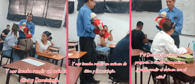 Profesor sostiene entre sus brazos a bebé de alumna para que pueda dar examen Profesor sostiene entre sus brazos a bebé de alumna para que pueda dar examen: "Gran docente"