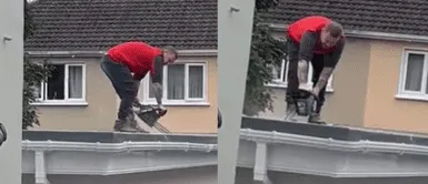 El albañil se mostró furioso porque no le pagaron. Albañil construye el techo de una casa, pero no le pagan y toma una radical decisión