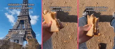 Joven come un pan al pie de la Torre Eiffel y sucede lo impensado Joven come un pan al pie de la Torre Eiffel y sucede lo impensado: "Qué palomas más extrañas"