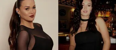 Angie Arizaga y outfit total black Angie Arizaga posa para Victoria's Secret enfundada en vestido de encaje, terciopelo y plumas