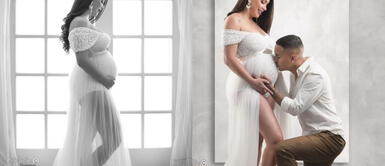 Melissa Klug vestido de tul morado Melissa Klug inmortaliza su avanzado embarazo con un majestuoso vestido maternal de organza