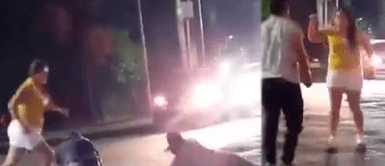 Mujer lanza patada voladora y salva a su pareja de paliza ¡Ni Gokú se atrevió a tanto! Mujer lanza patada voladora y salva a su pareja de paliza