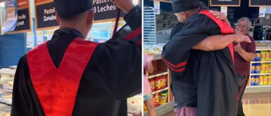 Joven se gradúa y acude al trabajo de su padre panadero para celebrarlo con él Joven se gradúa y acude al trabajo de su padre panadero para celebrarlo con él