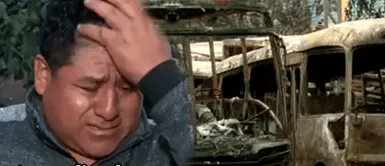 Chofer se derrumba en llanto ante incendio de buses de transporte público en Independencia Chofer se derrumba en llanto ante incendio de buses de transporte público en Independencia