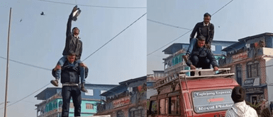 Hombres realizan peligrosa maniobra para rescatar a una paloma atrapada en cables eléctricos. ¡Héroes inesperados! Hombres arriesgan sus vidas en peligrosa maniobra para salvar a una paloma atrapada en cables eléctricos