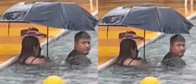 Pareja se protege de la lluvia con paraguas dentro de piscina. ¿Ironía nivel dios? Pareja se cubre con paraguas dentro de una piscina y se gana los troleos de internet