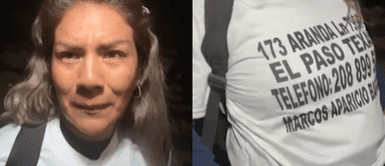 Migrante peruana llega a EE.UU. llevando en su camiseta la dirección del lugar al que se dirige Migrante peruana atraviesa la frontera hacia EE.UU. con la dirección de su destino estampada en su ropa