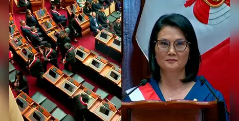 Keiko Fujimori reacciona así tras el retiro de la oposición durante su discurso de toma de mando