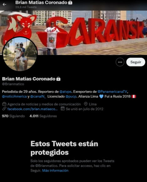 Brian Coronado puso en privado su cuenta de Twitter.   