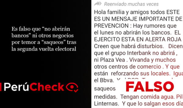 Es falso que “no abrirán bancos” ni otros negocios por temor a “saqueos” tras la segunda vuelta, como dice viral. Foto: plantilla para PerúCheck wapa.pe