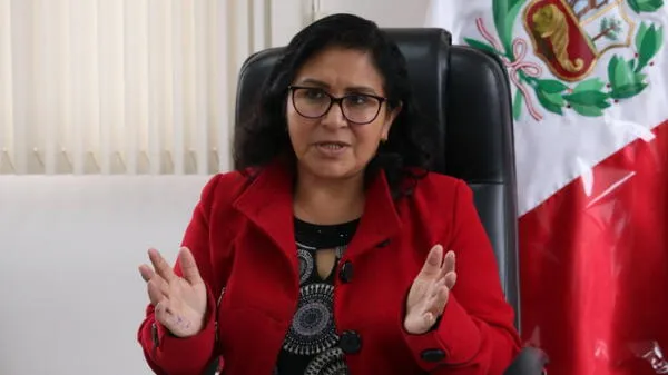 Congresista de Perú Libre, Katy Ugarte, junto a la bandera del Perú dando declaraciones.