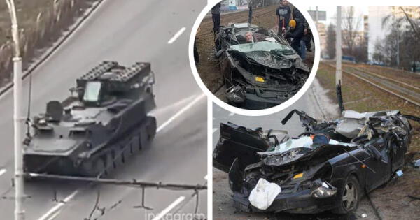 Tanque ruso aplasta un auto en Kiev