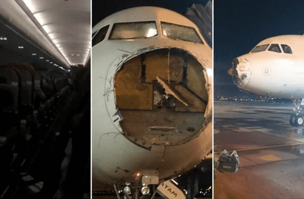 El perturbador VIDEO de un vuelo durante una TORMENTA: avión terminó con la trompa DESTRUIDA, Paraguay Asunción