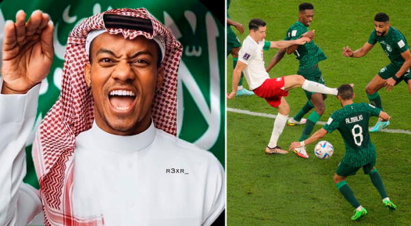 André Carrillo está alentando a sus compañeros de Al Hilal en el partido entre Arabia Saudita y Polonia