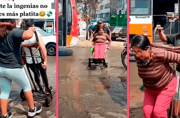 Emprendedora peruana cobra un sol por transportar a peatones en plena inundación y es viral en TikTok