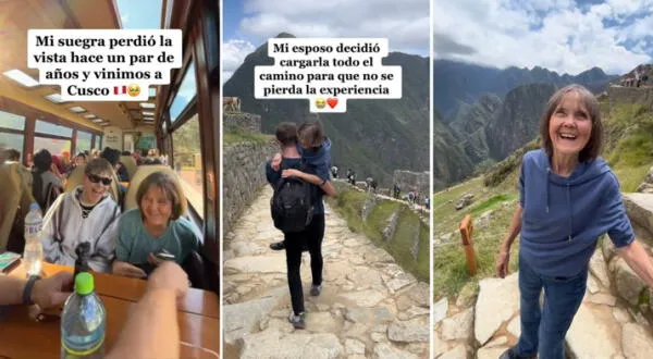 Joven turista carga a su madre ciega Machu Picchu