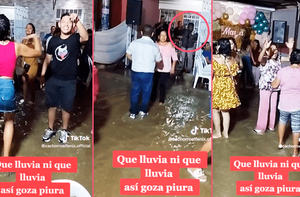 Familia piurana ignora Ciclón Yaku y arma el tono sobre el agua de las inundaciones con orquesta incluida