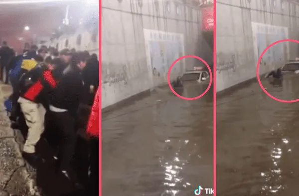 Arequipeños unidos sacan todas sus fuerzas para ayudar a chofer que su auto había quedado atrapado en agua de lluvias